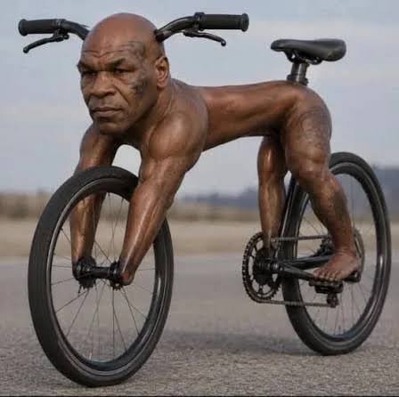 A hyper-realistic CGI image shows a muscular, tattooed bald man using a bicycle where his arms and legs are extended grotesquely to become the bike's frame and spokes, riding along a desert road. The image humorously illustrates the meme's punchline—that the person is "trading crypto" by literally pedaling the bike, visualizing the exhausting, absurd effort of watching markets tick rather than the glamorous trade anyone would expect.