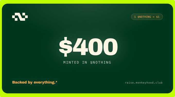 A dark green graphic with neon yellow borders displays '$400' with the text 'MINTED IN $NOTHING' and 'Backed by everything.*' along with 'raise.monkeyhood.club'.