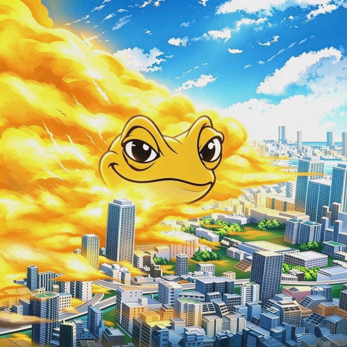The image features a cartoon frog with a big smile, sitting atop a city skyline. The cityscape includes tall buildings of various sizes, creating an urban setting for the frog. The caption reads "Something on BNB Chain caught my attention. I don' say this often. No team tokens. No tax. Dev holds nothing. Binance users finding it on their own. The market hasn' noticed yet." This suggests that there might be a connection between the cartoon frog and the BNB Chain, possibly related to cryptocurrency or digital assets in general.