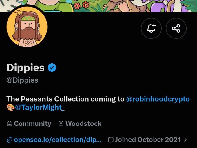 The image shows a Twitter/X profile for "Dippies" (@Dippies) with a blue verified checkmark, featuring a cartoon avatar of a bearded man with a leaf crown, and includes the pinned tweet "The Peasants Collection coming to @robinhoodcrypto @TaylorMight_," along with tags for "Community" and "Woodstock," and a link to their OpenSea collection, aligning with the post's announcement of a 3,333 supply Peasants collection launching on Robinhood Chain by original creator Taylor Might.