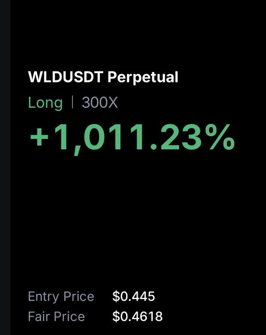 A trading position screenshot showing a WLDUSDT Perpetual long at 300X leverage with a gain of +1,011.23%, entered at $0.445 with a fair price of $0.4618, illustrating the substantial profit on the $WLD position celebrated in the post.