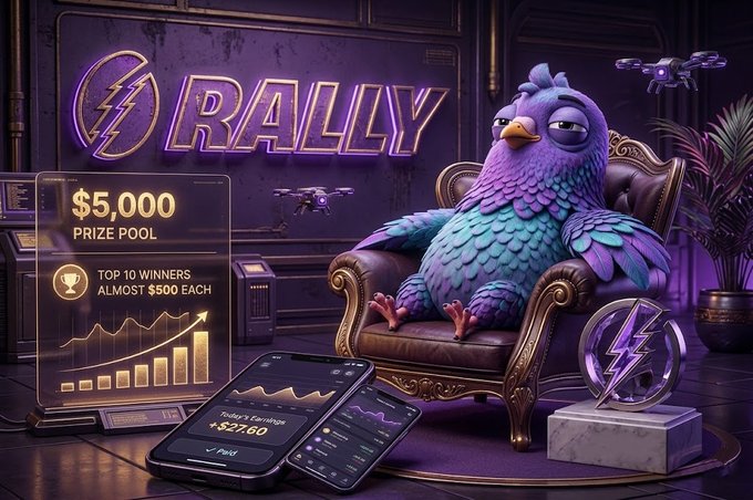 The image features a cartoon bird sitting on an ornate chair with a gold frame. The bird has a purple body and blue wings, giving it a unique appearance. In front of the bird, there are two cell phones placed on a table, one larger than the other. A sign is also present in the scene that reads "Rally".