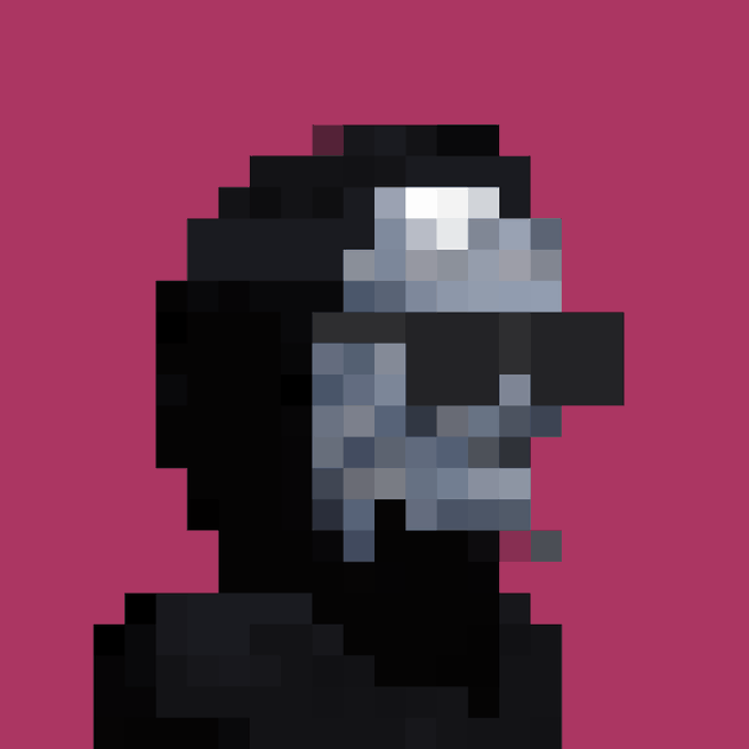 Pixel art portrait of a hooded, shadowy figure wearing a futuristic metallic helmet or mask against a solid magenta background.