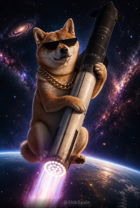 A digital illustration of a Shiba Inu dog wearing sunglasses and a gold chain, clinging to a rocket ship launching through space with a galaxy and Earth in the background, watermarked '@ShibSpain'.