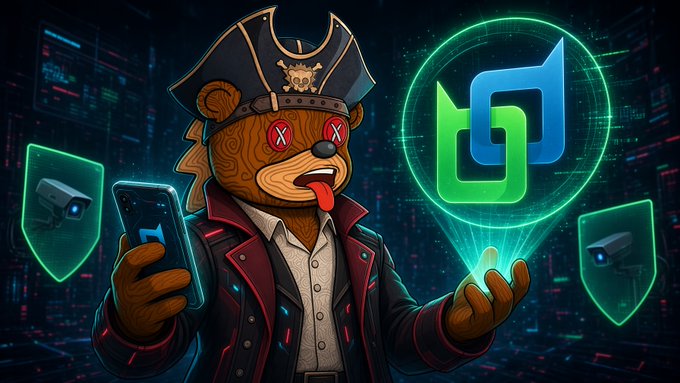 A digital illustration features an anthropomorphic bear in a pirate hat with X-eyes holding a smartphone, alongside a glowing green and blue logo and security camera icons.