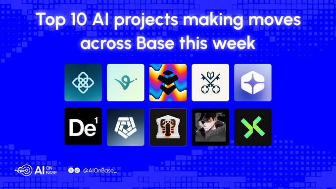 A blue graphic displays 'Top 10 AI projects making moves across Base this week' with 10 project logos and the 'AI ON BASE' handle.