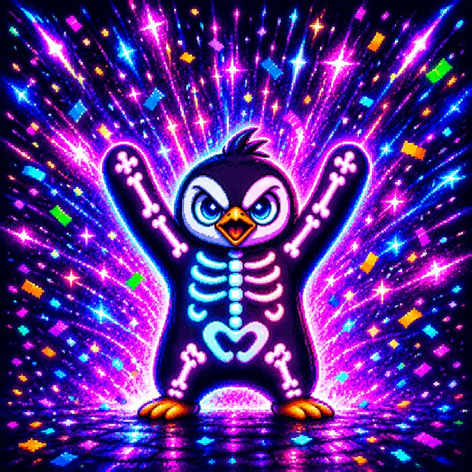 A cartoon penguin with a glowing neon skeleton stands triumphantly with arms raised amid an explosive burst of purple, pink, and blue confetti and sparkles. The festive, celebratory image visually reinforces the post's announcement of the $NSP token's fair launch on Solana via pump.fun.