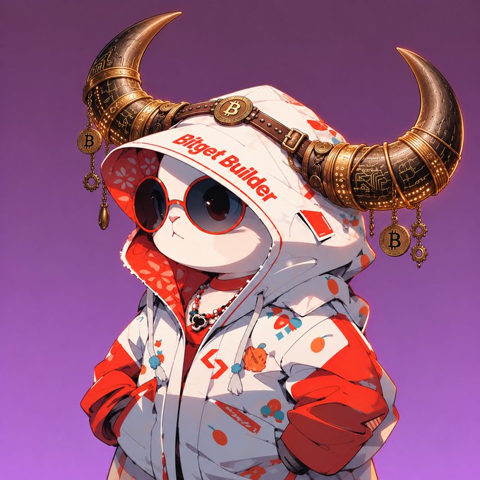 A cartoon character with large horns, round sunglasses, and a white hoodie emblazoned with "Bitget Builder" stands against a purple background, visually representing the "NiuLai" (bull) meme central to the $MINI sticker creator contest.

The image directly illustrates the community's "NiuLai" meme mascot being celebrated through the contest, with the "Bitget Builder" branding tying the character to the sponsor promoting the $MINI sticker design challenge.