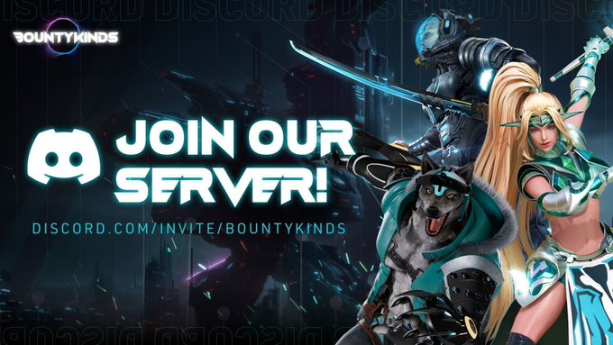 A promotional banner for BountyKinds featuring fantasy game characters (a cyborg and an elf warrior) with text reading 'JOIN OUR SERVER! discord.com/invite/bountykinds'.
