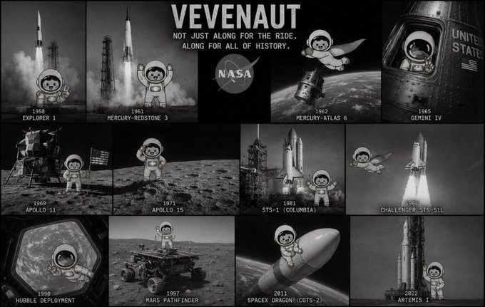 A NASA-themed collage titled 'VEVENAUT — NOT JUST ALONG FOR THE RIDE, ALONG FOR ALL OF HISTORY,' featuring a cartoon astronaut character overlaid on iconic black-and-white space milestones from 1958 (Explorer 1) to 2022 (Artemis 1).