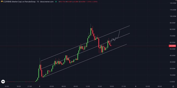 A TradingView chart on PancakeSwap shows the CZWIN8 token (Market Cap) surging in a steep uptrend, climbing from near $0 to approximately $58.69M before pulling back, with a hand-drawn annotation marking a recent breakout within the rising channel. The candle action reflects the "going hard" momentum referenced in the post.
