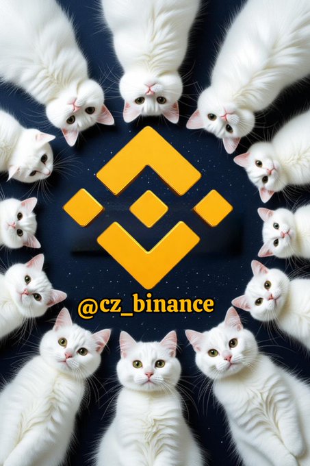 A circle of white cats surrounds the yellow Binance logo against a dark background, with the text "@cz_binance" displayed below, visually representing the "Wikicat Army" rallying to salute CZ as mentioned in the caption.