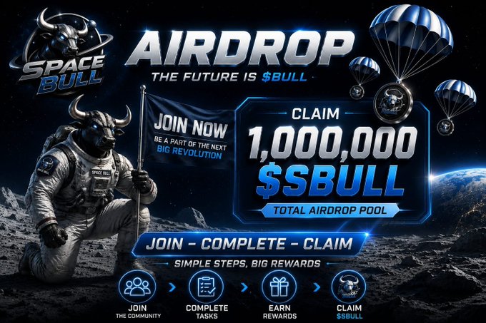 Space Bull cryptocurrency airdrop advertisement featuring a space-themed bull astronaut, offering 1,000,000 $BULL in total airdrop pool with steps: Join the Community, Complete Tasks, Earn Rewards, Claim $BULL.