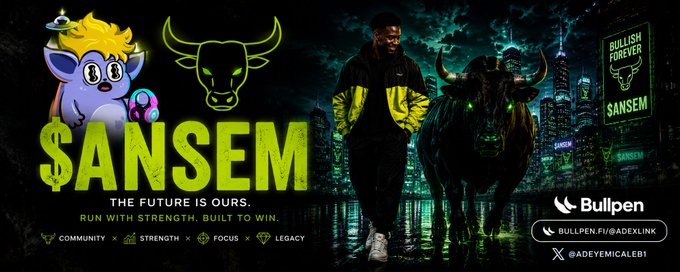 A promotional graphic for the $SANSEM token featuring a man in a yellow-and-black jacket beside a bull, with neon green "$ANSEM" branding, a "BULLISH FOREVER" sign, Bullpen exchange promotion, and community-focused messaging tying to the post's bullish morning sentiment and alpha request on $ANSEM.