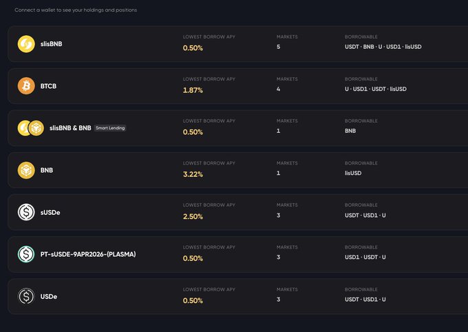 A dark-themed cryptocurrency lending platform interface displaying various assets including slisBNB, BTCB, slisBNB & BNB, BNB, sUSDe, PT-sUSDE-9APR2026-(PLASMA), and USDe with their lowest borrow APYs ranging from 0.50% to 3.22%, markets count, and borrowable tokens.