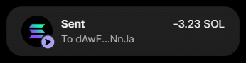 The image displays a smartphone lock screen notification showing a sent transaction of -3.23 SOL to the address "dWW...NNba," with a context icon on the left side. This relates to the post's request for active SOL wallet addresses, serving as a visual example of a recent Solana transaction.