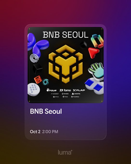 A promotional graphic for the 'BNB SEOUL' event scheduled for Oct 2 at 2:00 PM, featuring a yellow cube logo and 3D icons, presented by partners like four, tomo, and FLAP.
