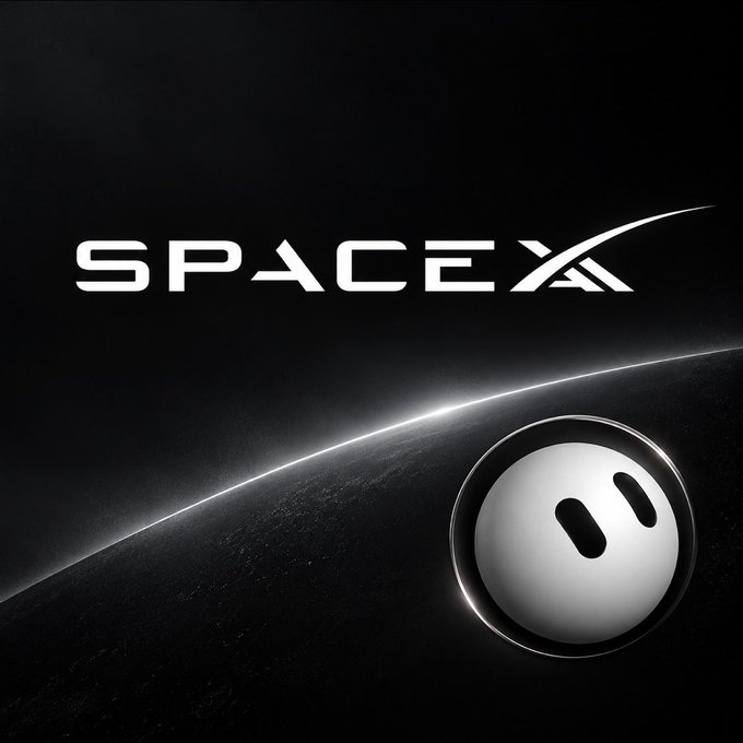 A sleek black promotional graphic displays the "SpaceX" logo with its signature swooshing "X" and a stylized astronaut helmet visor reflecting a planetary horizon, visually representing SpaceXAI's new Grok Bot announcement that will select from top AI models like Claude Opus 5.5, Midjourney, and Suno based on whichever delivers the best outcome for each task.
