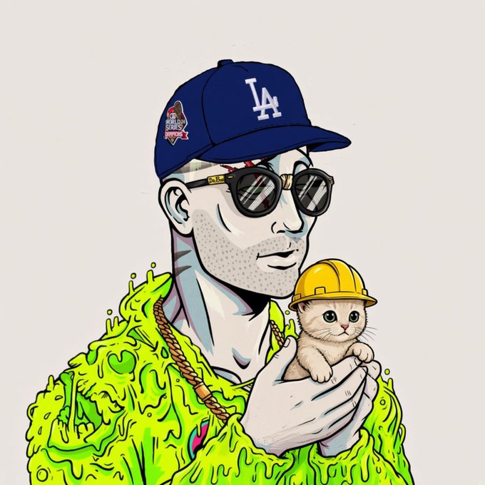 A stylized digital illustration shows a man wearing an "LA" Dodgers cap and sunglasses, holding a small kitten wearing a yellow hard hat, with his body melting into green slime.