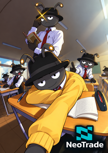 An anime-style illustration of ant-like characters wearing detective hats in a classroom setting, with one holding a magnifying glass; the 'NeoTrade' logo is displayed in the bottom right corner.