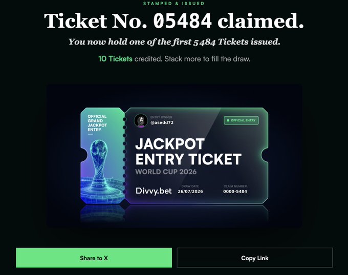 The image shows a screenshot of an advertisement for a ticketing service called "Divvy Bet". The service claims to be able to "claim" 10,000 raffle tickets free if the person clicks on its website, which displays the event information in green text against a black background. The claim is for a sports event called the World Cup 2016 and is scheduled for release at 4:00 pm. Divvy Bet states that they will credit their customers ten of these tickets upon successful claim, with some additional prizes available if needed.