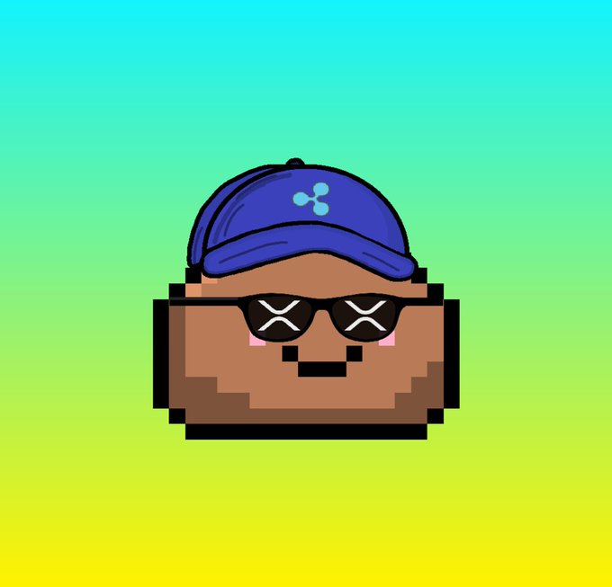 A pixel-art style avatar of a character wearing a blue Ripple (XRP) cap and sunglasses with X-shaped eyes, set against a green gradient background.