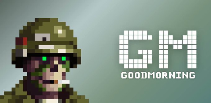 A pixel art illustration of a soldier character wearing a camouflage helmet and uniform, resembling a classic video game sprite. To the right, white pixelated text reads 'GM GOODMORNING' against a muted gray-green background.