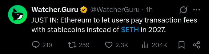 A screenshot of a tweet from Watcher.Guru reading 'JUST IN: Ethereum to let users pay transaction fees with stablecoins instead of $ETH in 2027.'