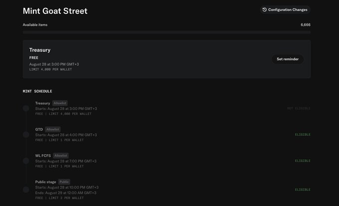 Screenshot of a 'Mint Goat Street' NFT minting page showing available items including a 'Treasury' free mint starting August 28 at 3:00 PM GMT+3 with a limit of 4,000 per wallet, and a mint schedule for Treasury, GTD, WL FCFS, and Public stages.