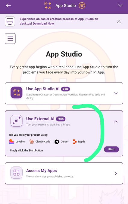 A screenshot of Pi Network's "App Studio" page highlights the "Use External AI FREE" option (circled in green), which allows users to turn work built in Lovable, Claude Code, Cursor, or Replit into a Pi App, contrasting with the paid "Use App Studio AI Beta" option above it.