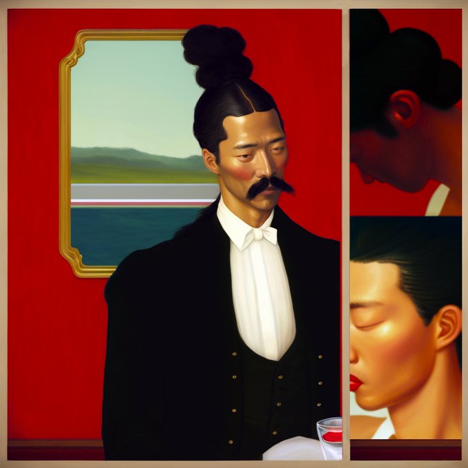 A multi-panel digital painting depicting a man in formal wear with a mustache and traditional topknot hairstyle against a red background, with side panels showing close-up details of his face.