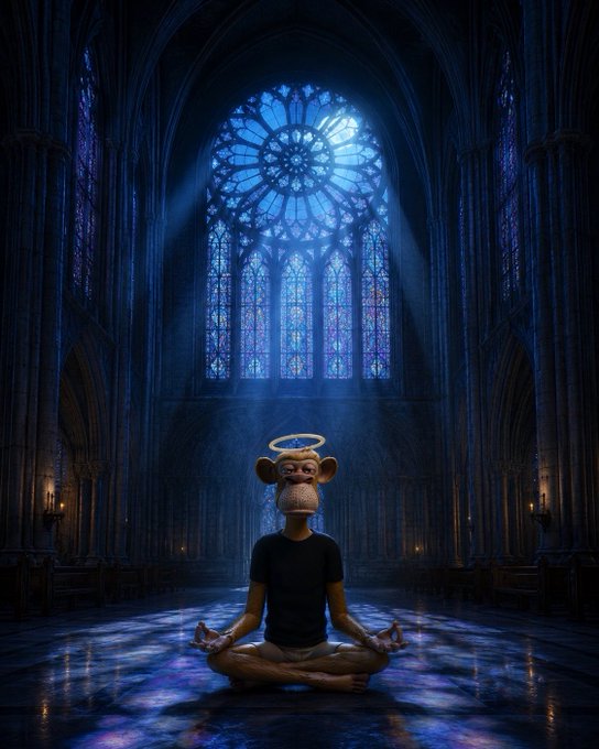 A figure wearing a Bored Ape mask and a halo meditates in lotus position inside a dark Gothic cathedral illuminated by a large blue stained-glass rose window.