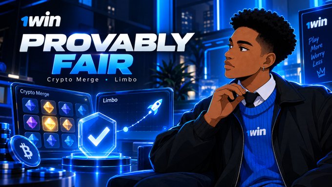 A promotional graphic for '1win Provably Fair' games featuring Crypto Merge and Limbo, with a cartoon man wearing a '1win' sweater and text reading 'Play More Worry Less'.