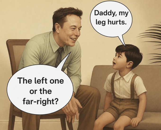 The cartoon image shows a father figure sitting with his young son, who says, "Daddy, my leg hurts," while the father responds, "The left one or the far-right?" in a humorous nod to Elon Musk.
