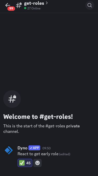 The image shows a phone screen displaying a welcome message for users who have signed up for a private online gaming channel called "Get-Roles!". The message encourages users to sign up by providing their email address, which can be found at the bottom of the screen. The text also mentions that the channel is focused on PvP Gacha mechanics and aims to give real people a fair chance to compete in the game.