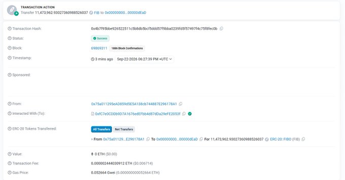 Etherscan transaction record showing a successful transfer of 11,473,962.93027360988526037 ERC-20 tokens (FIRO) with status 'Success' and 1886 block confirmations.