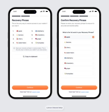 Two iPhone screenshots showing a crypto wallet app's "Recovery Phrase" step and "Confirm Recovery Phrase" screen with a numbered list of words to select.