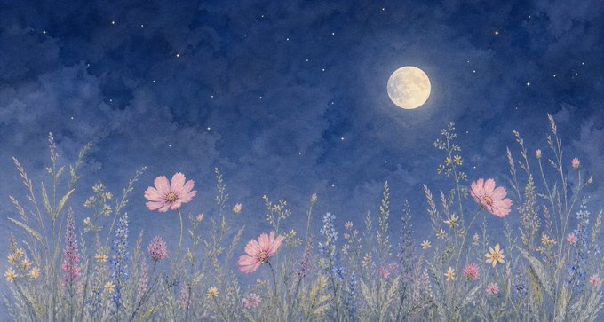 A watercolor illustration shows a field of pink cosmos flowers, lavender, and daisies blooming beneath a starry night sky illuminated by a full moon. The serene, quiet nighttime scene mirrors the post's request to "hold off" on submissions, evoking a sense of calm pause and patience.