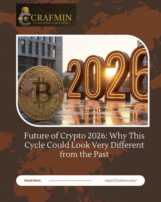 A blog graphic from Crafmin featuring a golden Bitcoin alongside illuminated "2026" numbers, captioned "Future of Crypto 2026: Why This Cycle Could Look Very Different from the Past," promoting an article about potential shifts in the upcoming crypto market cycle.