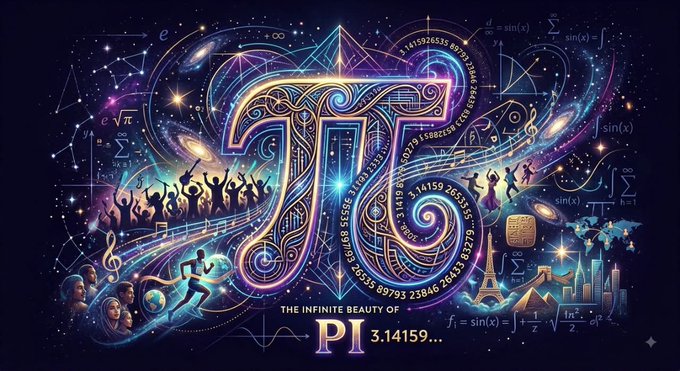 The image features a vibrant, cosmic illustration celebrating "THE INFINITE BEAUTY OF PI 3.14159...", with the mathematical symbol π rendered in ornate, glowing detail amidst swirling galaxies, mathematical formulas, silhouettes of celebrating figures, famous landmarks, and the repeated sequence "89793 23846 26433" displayed prominently. The connection to "Protocol V 27" lies in Pi Network's homage to the mathematical constant π, symbolizing the infinite, decentralized nature of the network as it approaches its final pre-mainnet milestone.