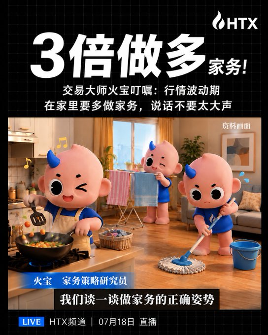 An HTX (cryptocurrency exchange) promotional poster in Chinese reading "3倍做多家务!" (Triple long on housework!), featuring cartoon characters doing household chores in a kitchen, dated July 18.