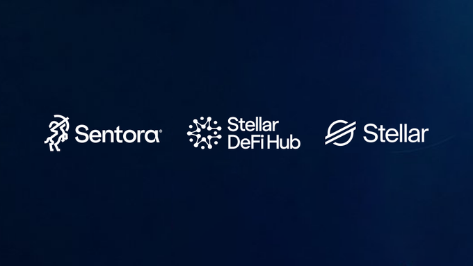 Dark blue graphic displaying logos for Sentora, Stellar DeFiHub, and Stellar.