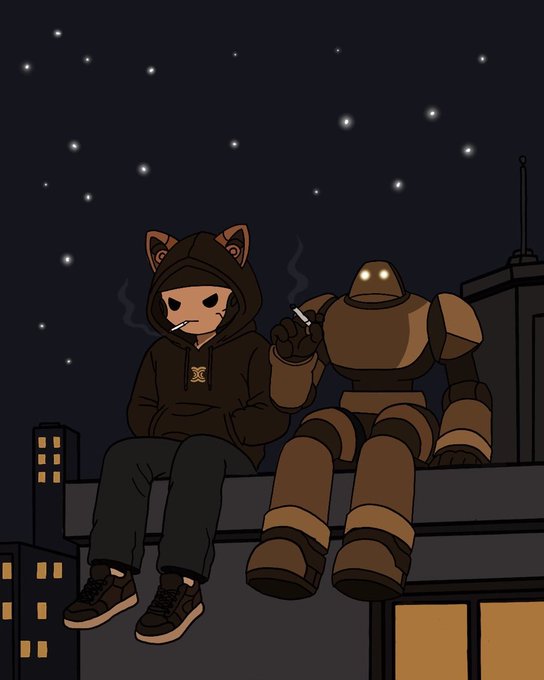 A digital illustration of a cat-eared figure in a brown hoodie smoking a cigarette next to a robot, both sitting on a rooftop at night under a starry sky.