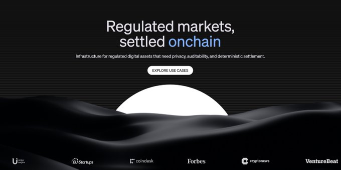 A dark promotional webpage banner reading 'Regulated markets, settled onchain' with an 'EXPLORE USE CASES' button, featuring logos of Forbes, CoinDesk, and other outlets.