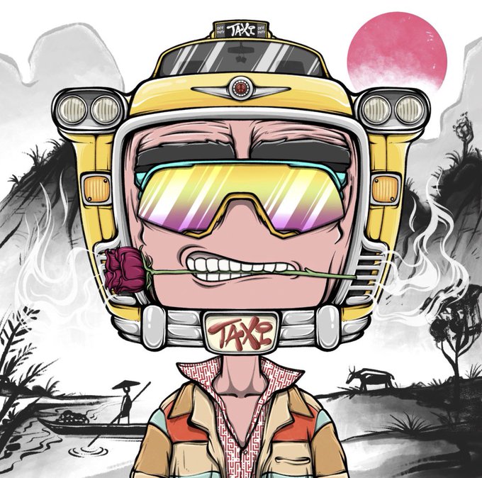 A cartoon-style character wearing a yellow taxi cab as a helmet, with "TAXI" signs on top and on the license plate, sports reflective sunglasses and holds a red rose in his teeth against a misty landscape with a pink sun and silhouetted fisherman. The image's bold, stylized taxi-themed design visually evokes the "TAXI" ticker and giveaway theme mentioned in the post, capturing a playful, meme-art aesthetic suited for the crypto drop announcement.