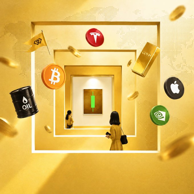 A surreal golden scene features nested frames with a green candlestick chart at the center, surrounded by floating icons representing Bitcoin, Tesla (₸), Apple, gold bars, oil barrels, and a flag with a crypto symbol. The post's question about "the green ticker" appears to refer to the prominent green candlestick display at the heart of the image, though no specific ticker name is shown—only the universal green price-up indicator symbolizing bullish market movement.