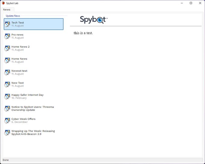 A 'Spybot Lab' application window showing a list of news items including 'Tech Test 11. August', 'Pro news', and 'Happy Safer Internet Day', with the selected item displaying the text 'this is a test.'