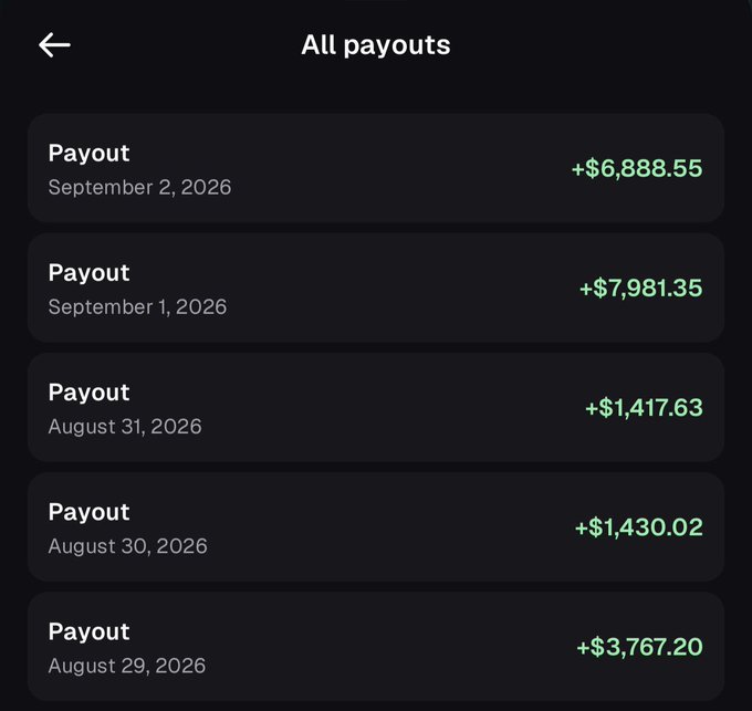 A screenshot of a "All payouts" screen showing recent earnings: +$6,888.55 (Sep 2, 2026), +$7,981.35 (Sep 1), +$1,417.63 (Aug 31), +$1,430.02 (Aug 30), and +$3,767.20 (Aug 29), displayed to promote the user's trading callout success and pump app referral.