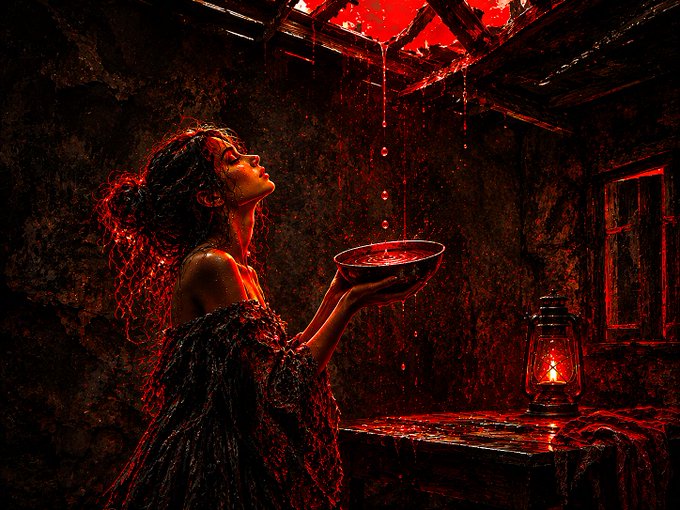 A dark, atmospheric digital artwork shows a woman in a flowing dress holding a bowl to catch red liquid dripping from a hole in the ceiling, illuminated by the warm glow of a lantern on a nearby table.