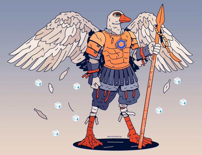A digital illustration depicts an anthropomorphic goose warrior with large white wings, clad in orange armor and a skirt, holding a spear.